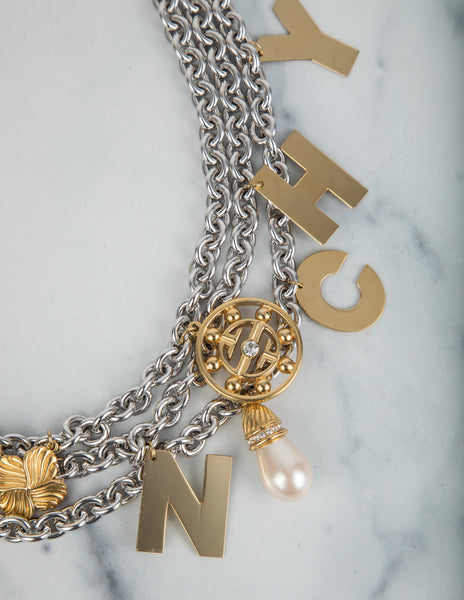 Givenchy Vintage Rare Silver and Gold Namesake Letter Charm Multi Chain Statement Necklace