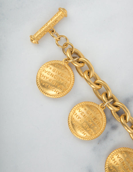 Givenchy Vintage Gold Satin Dangling Namesake Charm Statement Bracelet
