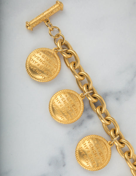 Givenchy Vintage Gold Satin Dangling Namesake Charm Statement Bracelet