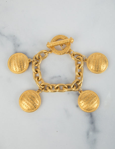 Givenchy Vintage Gold Satin Dangling Namesake Charm Statement Bracelet