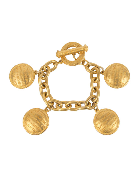 Givenchy Vintage Gold Satin Dangling Namesake Charm Statement Bracelet