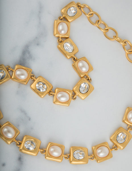 Givenchy Vintage Golden Satin Pearl Rhinestone Necklace