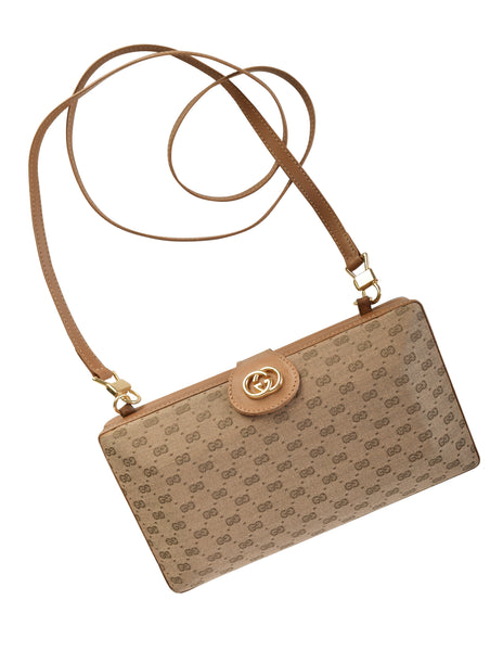 Gucci Vintage Light Brown Micro GG Monogram Canvas and Leather Hard Case Clutch with Crossbody Strap
