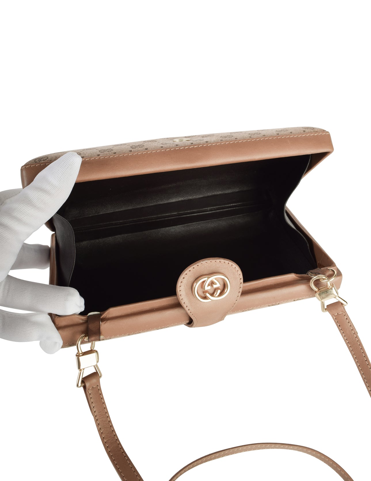 Gucci Vintage Light Brown Micro GG Monogram Canvas and Leather Hard Case Clutch with Crossbody Strap