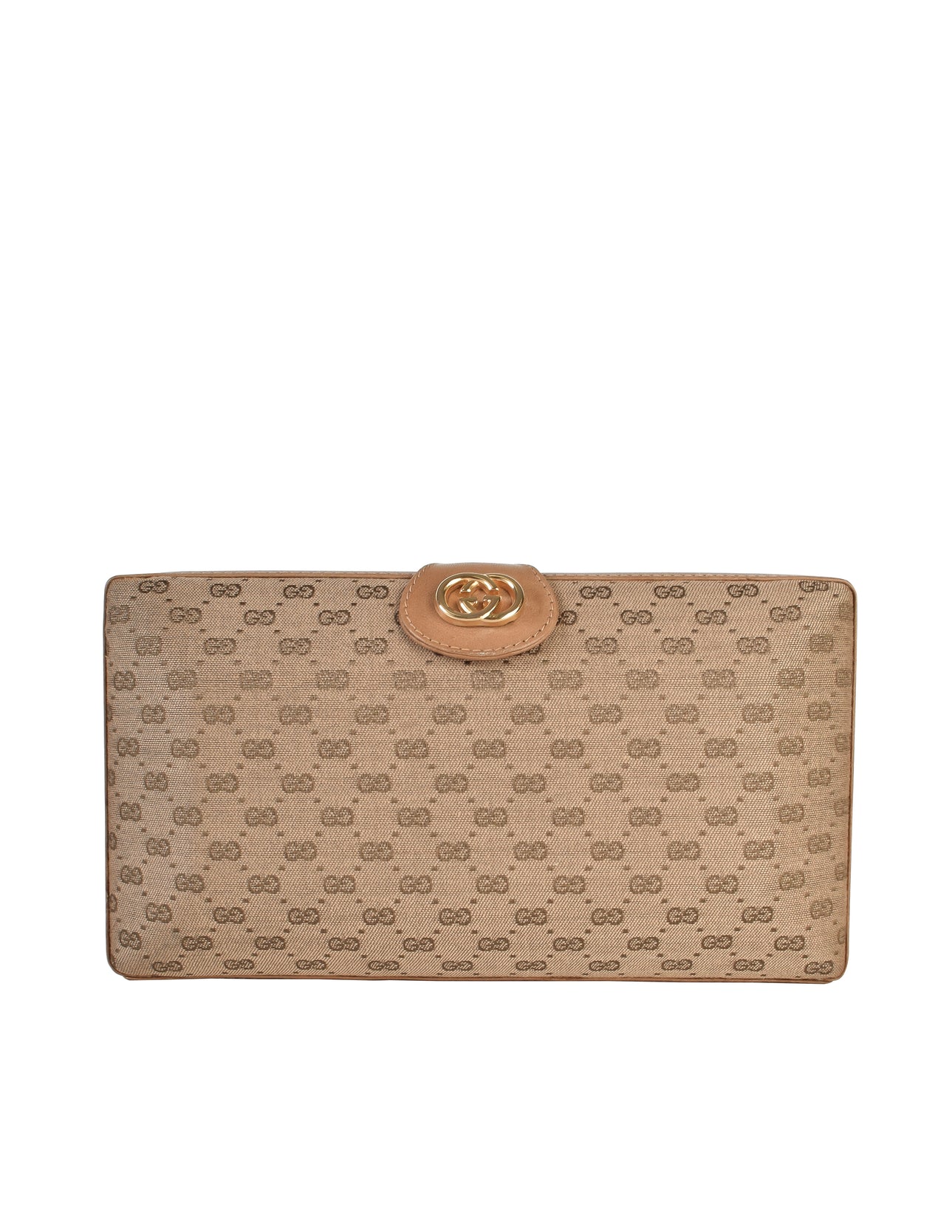 Gucci Vintage Light Brown Micro GG Monogram Canvas and Leather Hard Case Clutch with Crossbody Strap