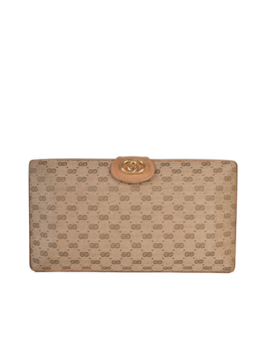 Gucci Vintage Light Brown Micro GG Monogram Canvas and Leather Hard Case Clutch with Crossbody Strap