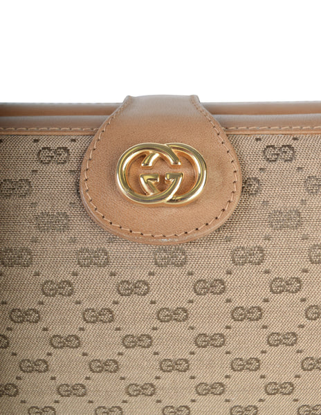 Gucci Vintage Light Brown Micro GG Monogram Canvas and Leather Hard Case Clutch with Crossbody Strap
