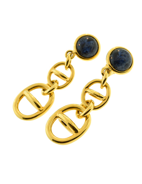 Gucci Vintage 1992 Gold Blue Oversized Tiered Dangling Statement Earrings