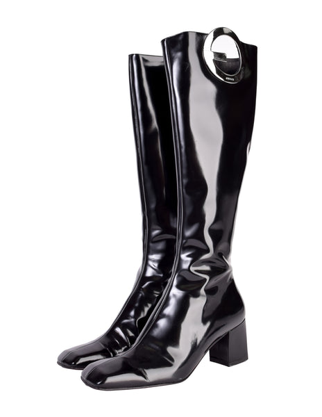 Gucci Vintage by Tom Ford 1996 Black Patent Leather Silver G Logo Boots