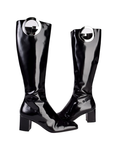 Gucci Vintage by Tom Ford 1996 Black Patent Leather Silver G Logo Boots