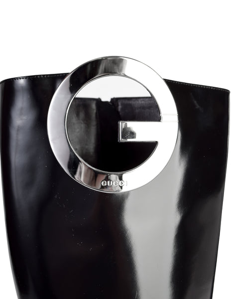 Gucci Vintage by Tom Ford 1996 Black Patent Leather Silver G Logo Boots