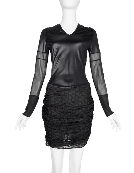 Helmut Lang Vintage 1992 Liquid Stretch Sheer Paneled Diamond Stitched Dress