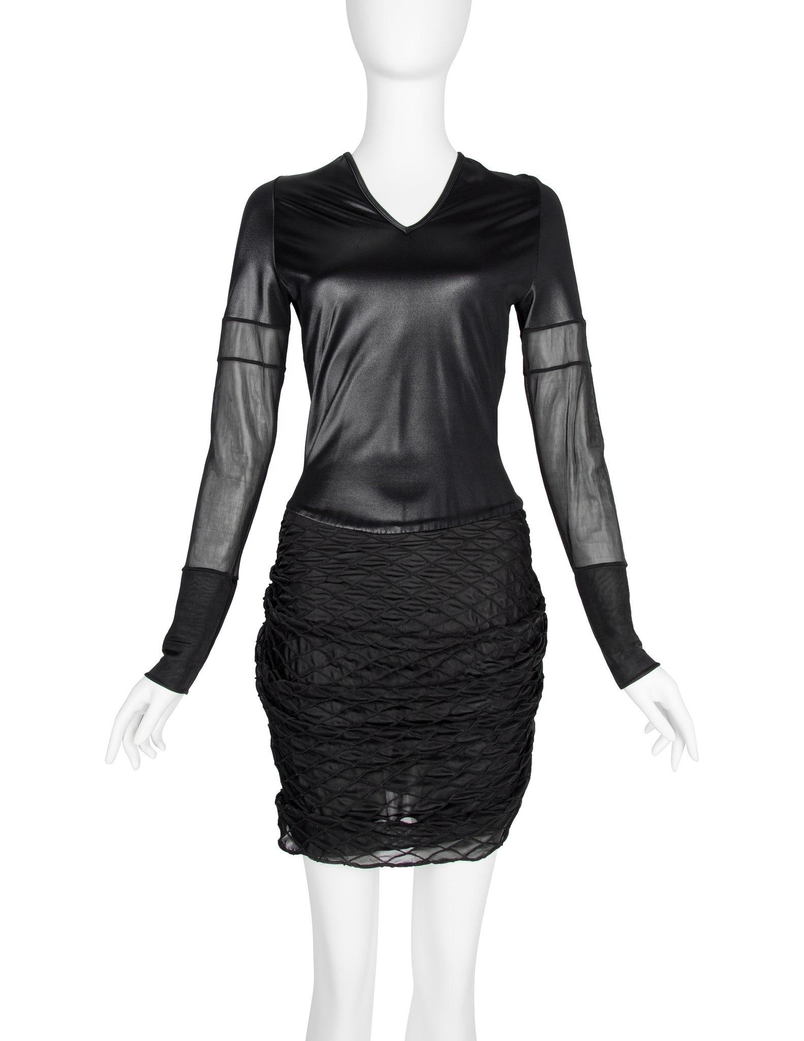 Helmut Lang Vintage 1992 Liquid Stretch Sheer Paneled Diamond Stitched Dress