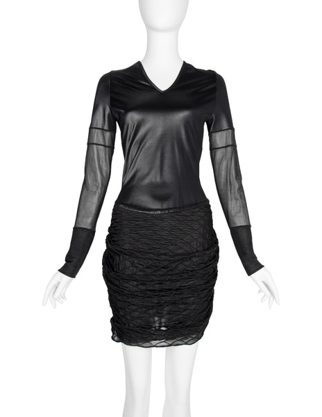 Helmut Lang Vintage 1992 Liquid Stretch Sheer Paneled Diamond Stitched Dress
