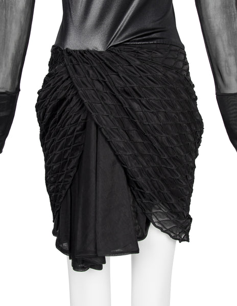 Helmut Lang Vintage 1992 Liquid Stretch Sheer Paneled Diamond Stitched Dress