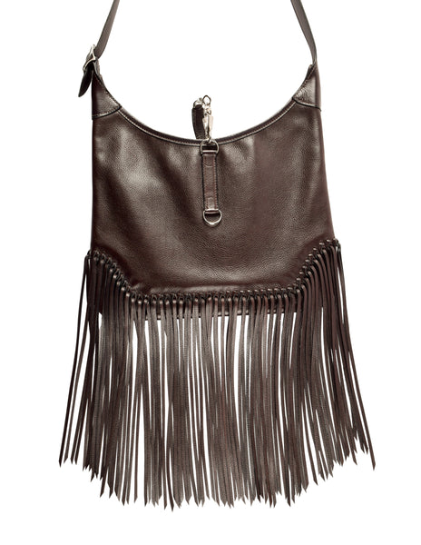 Hermes Vintage 2004 Chocolate Brown Leather Sac Trim Anate Fringe Shoulder Satchel Bag