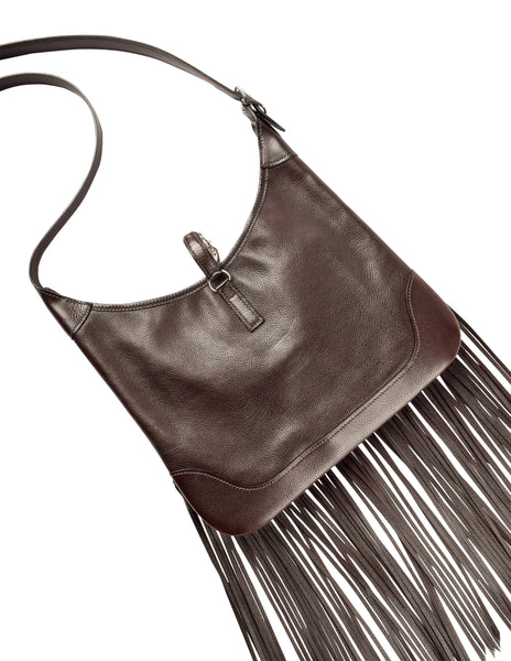 Hermes Vintage 2004 Chocolate Brown Leather Sac Trim Anate Fringe Shoulder Satchel Bag