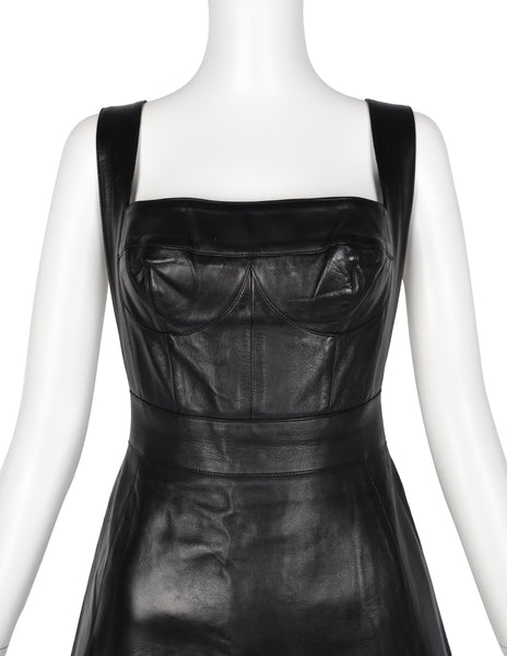 Herve Leger Vintage Black Leather Bustier Mini Dress