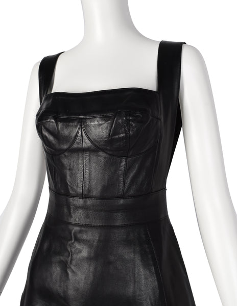 Herve Leger Vintage Black Leather Bustier Mini Dress