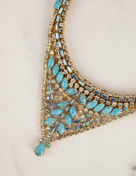 Hobé Vintage 1960s Turquoise and Iridescent Crystal Gold Mesh Necklace Bracelet and Earring Set