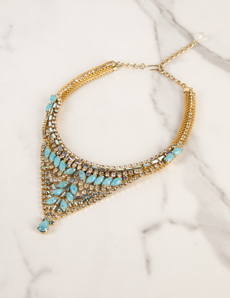 Hobé Vintage 1960s Turquoise and Iridescent Crystal Gold Mesh Necklace Bracelet and Earring Set