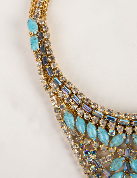 Hobé Vintage 1960s Turquoise and Iridescent Crystal Gold Mesh Necklace Bracelet and Earring Set