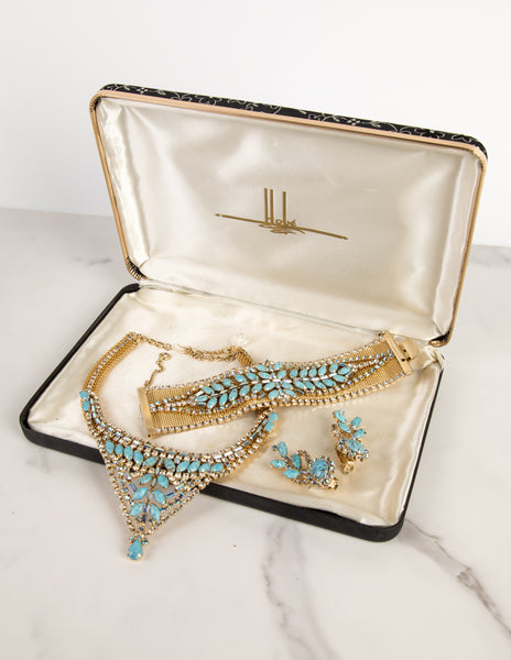 Hobé Vintage 1960s Turquoise and Iridescent Crystal Gold Mesh Necklace Bracelet and Earring Set