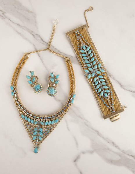 Hobé Vintage 1960s Turquoise and Iridescent Crystal Gold Mesh Necklace Bracelet and Earring Set