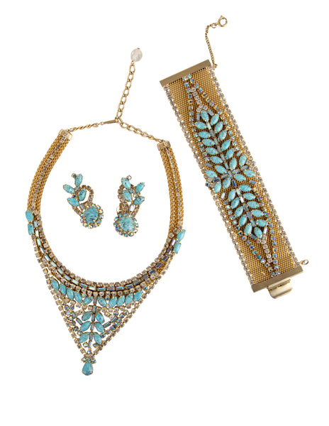 Hobé Vintage 1960s Turquoise and Iridescent Crystal Gold Mesh Necklace Bracelet and Earring Set