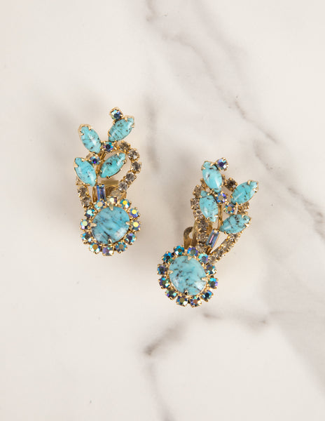 Hobé Vintage 1960s Turquoise and Iridescent Crystal Gold Mesh Necklace Bracelet and Earring Set