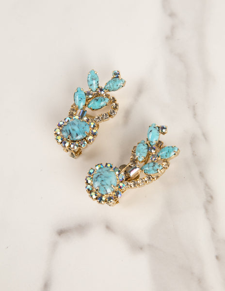 Hobé Vintage 1960s Turquoise and Iridescent Crystal Gold Mesh Necklace Bracelet and Earring Set