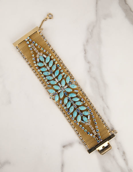 Hobé Vintage 1960s Turquoise and Iridescent Crystal Gold Mesh Necklace Bracelet and Earring Set