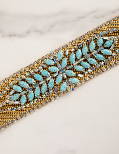 Hobé Vintage 1960s Turquoise and Iridescent Crystal Gold Mesh Necklace Bracelet and Earring Set