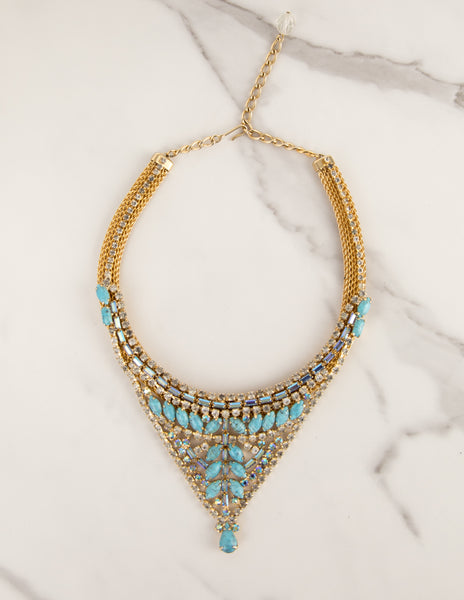 Hobé Vintage 1960s Turquoise and Iridescent Crystal Gold Mesh Necklace Bracelet and Earring Set