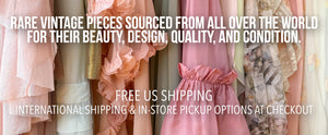 Vintage clothing pieces displayed with promotional text about shipping options.