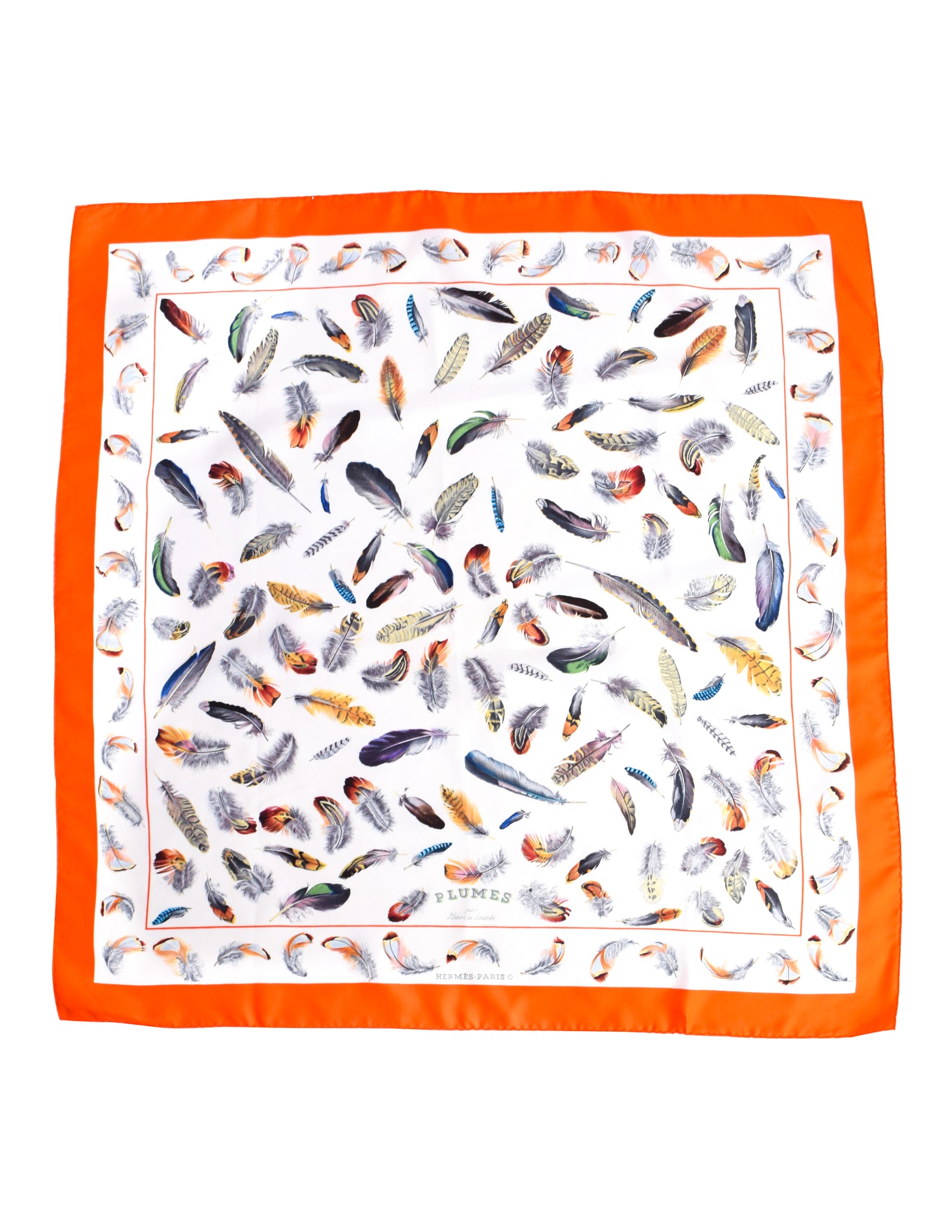 Hermès Vintage Plumes par Henri de Linarès Feather Print Orange Border Silk Carre Scarf