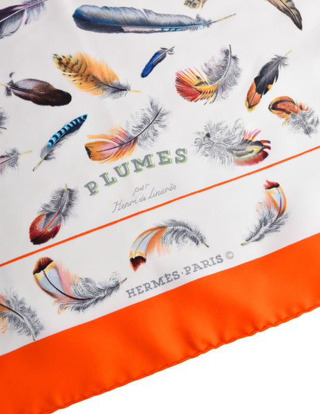 Hermès Vintage Plumes par Henri de Linarès Feather Print Orange Border Silk Carre Scarf