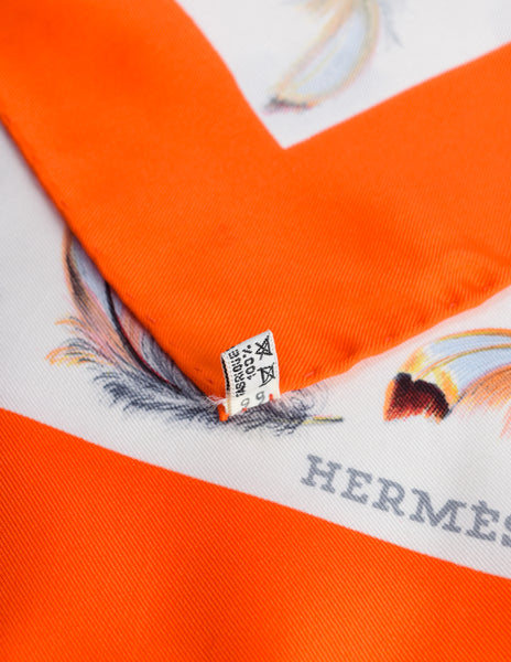 Hermès Vintage Plumes par Henri de Linarès Feather Print Orange Border Silk Carre Scarf