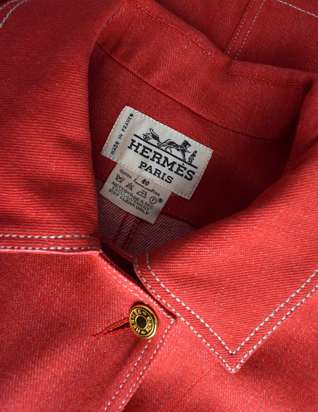 Hermes Vintage 1980s Horseshoe Pocket Oversized Red Denim Jacket