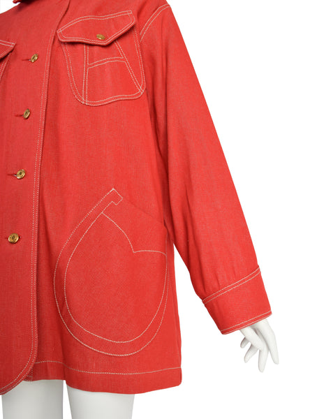 Hermes Vintage 1980s Horseshoe Pocket Oversized Red Denim Jacket
