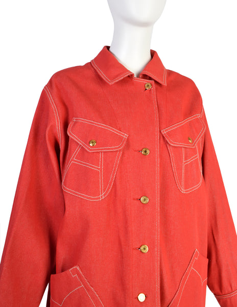 Hermes Vintage 1980s Horseshoe Pocket Oversized Red Denim Jacket