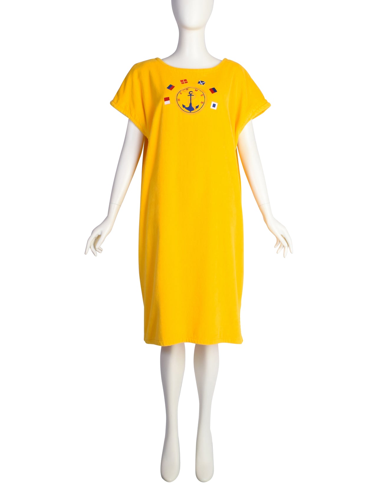Hermes Vintage Bright Yellow Embroidered Anchor Flag Terrycloth Beach Dress