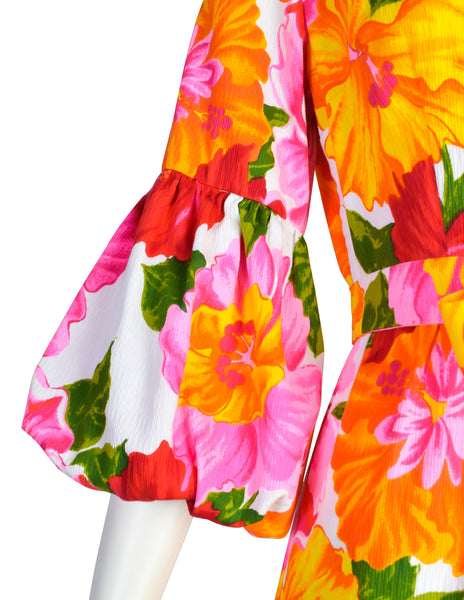 Hilo Hattie Vintage 1960s Hawaiian White Pink Yellow Hibiscus Floral Maxi Dress
