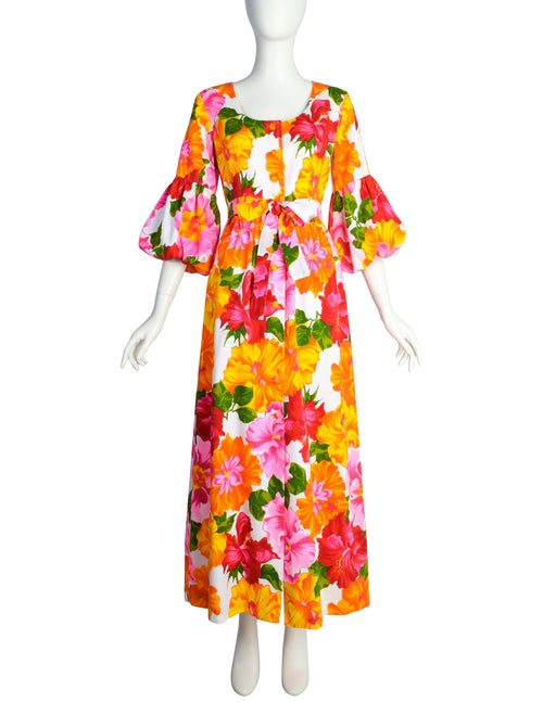 Hilo Hattie Vintage 1960s Hawaiian White Pink Yellow Hibiscus Floral Maxi Dress Hilo Hattie Vintage 1960s Hawaiian White Pink Yellow Hibiscus Floral Maxi Dress