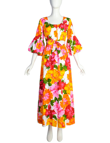 Hilo Hattie Vintage 1960s Hawaiian White Pink Yellow Hibiscus Floral Maxi Dress