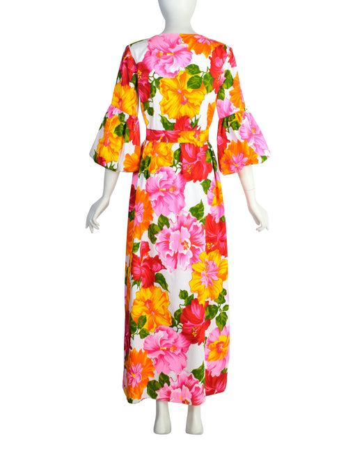 Hilo Hattie Vintage 1960s Hawaiian White Pink Yellow Hibiscus Floral Maxi Dress Hilo Hattie Vintage 1960s Hawaiian White Pink Yellow Hibiscus Floral Maxi Dress