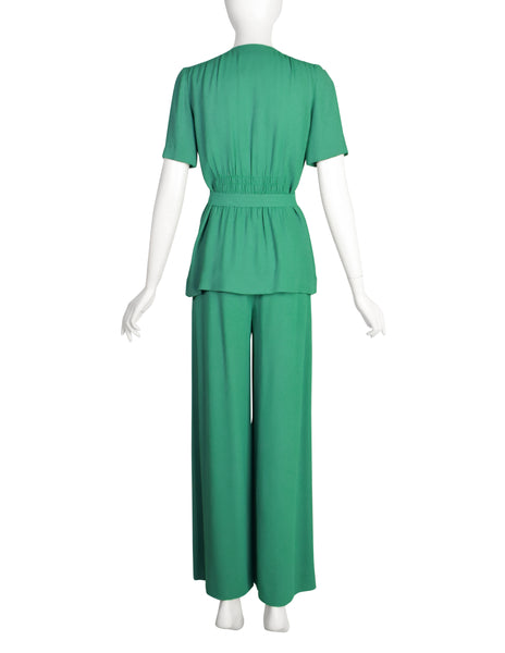 Holly's Harp Vintage 1970s Green Crepe Jacket Top & Wide Leg Pant Ensemble