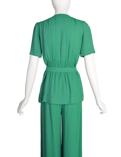 Holly's Harp Vintage 1970s Green Crepe Jacket Top & Wide Leg Pant Ensemble