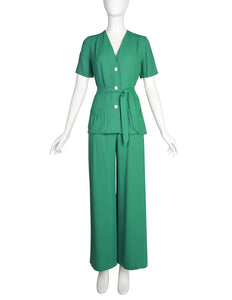 Holly's Harp Vintage 1970s Green Crepe Jacket Top & Wide Leg Pant Ensemble