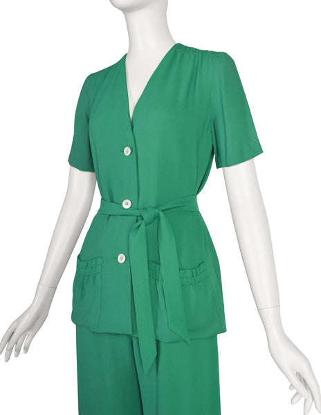 Holly's Harp Vintage 1970s Green Crepe Jacket Top & Wide Leg Pant Ensemble